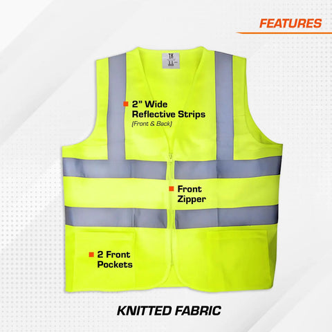Hella Breathable Neon Yellow Knitted Safety Vest Class 2 High Visibility Construction Work Gear Featuring A Front Zipper And Dual Side Pockets For Big And Tall Contractors Who Demand Top Shelf Build Quality On The Job Site, showcasing reflective strips and pockets.