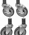 Built Tough Five Inch Expanding Stem Casters Set Of Four With Lock Down Brakes showing chrome casters with rubber wheels for commercial use.