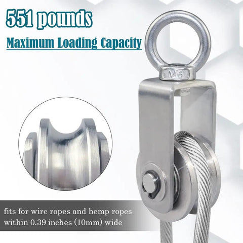 Close-up of Stainless Steel Swivel Cable Pulley Wheel Set with heavy duty bearings, supporting 551 pounds for pulley systems.