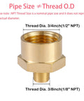 Front view: Brass pipe reducer adapter, 1/8 in male to 1/2 in female NPT, hex bushing, pack of 2