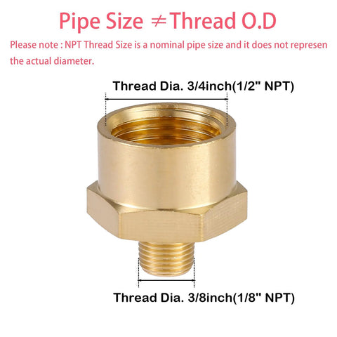 Front view: Brass pipe reducer adapter, 1/8 in male to 1/2 in female NPT, hex bushing, pack of 2