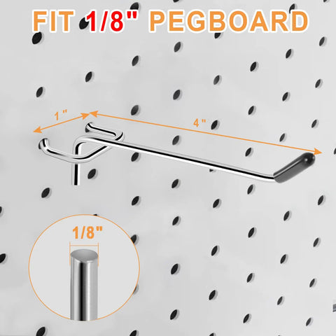 Heavy Duty Pro Grade Metal Pegboard Hooks 25 Pack, 4 Inch Peg Board Hangers for Hanging, fits one eighth inch pegboards, galvanized silver