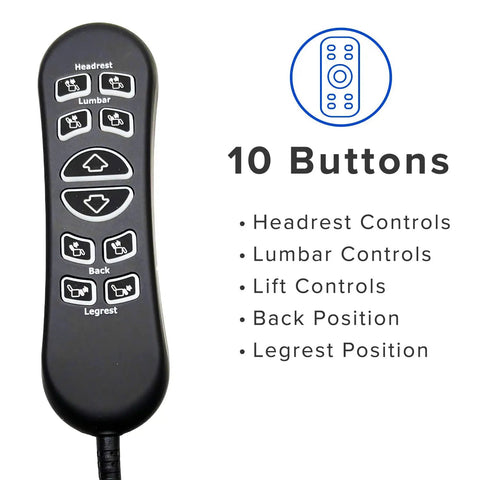 Ten Button Five Pin Replacement Hand Control For MM3702 Lift Chair Power Recliner Remote Controller No Fuss Upgrade Replacement For MM3702 Dual Motor Lift Chair Easy Install Durable 10 Button Hand Controller For Home Comfort. black 10-button lift chair remote with headrest, lumbar and legrest controls