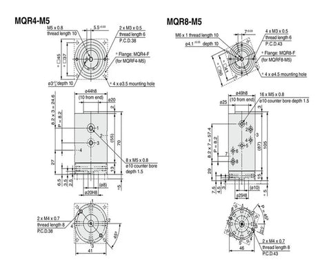 High Performance Pneumatic Cylinder Rotary Joint Kit For Industrial Machinery MQR Series M5 Thread schematic dimensions and details.
