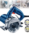Pro Grade Stone Cutting Machine Featuring A Hella Powerful 1400 Watt Motor And Rapid 13200 RPM Speed For Clean Tile Marble Wood And Concrete Slotting Includes Dual Steel Blades And Easy Depth Adjustment Up To 35 MM For DIY Guys in close-up view with dual steel blades.