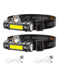 Two Pack LED Headlamps With Rechargeable Batteries, Long Range Beam, shown with USB charging cables, for camping, work, outdoors.