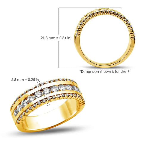 Hella Solid 14K Yellow Gold Wedding Band Ring With One Point Zero Ctw Five Round Diamonds Set In The Real Deal Three Row Stackable Design For Anniversaries, 6mm width.