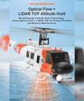 One Thirty Fourth Scale UH Huey RC Helicopter With GPS Positioning hovering with realistic rescue livery over water.