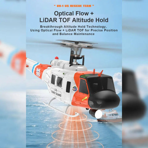 One Thirty Fourth Scale UH Huey RC Helicopter With GPS Positioning hovering with realistic rescue livery over water.