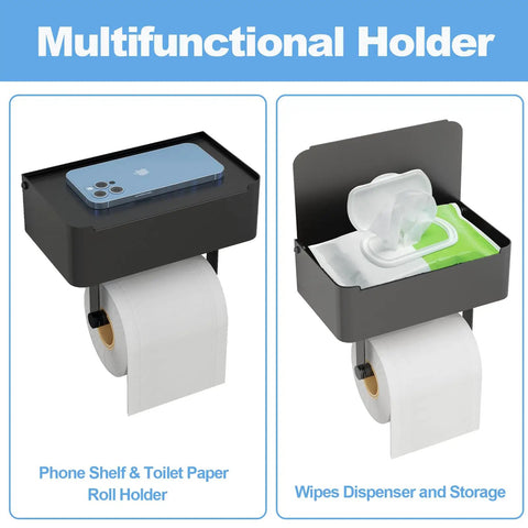 Toilet Paper Holder With Shelf And Flushable Wipes Dispenser Hidden Wipe Storage Matte Black Stainless Steel Wall Mount Organizer Durable Rust Resistant Bathroom Accessory showing phone shelf and wipes dispenser.