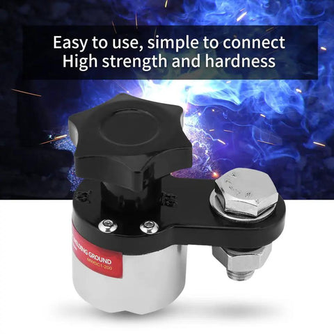 Heavy Duty Welding Ground Clamp With Rock Solid Magnetic Grip Delivers Stable 200A Power For Flat Or Round Iron Surfaces On Industrial Machines Ensuring Clean Arcs And Zero Downtime During Your Next Big Metalworking Project, close-up view showing black knob and metal base.