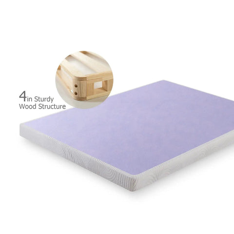 Full Size 4 Inch Low Profile Wood Box Spring Mattress Foundation Rock Solid Sturdy Frame showcasing sturdy wood structure and slats.