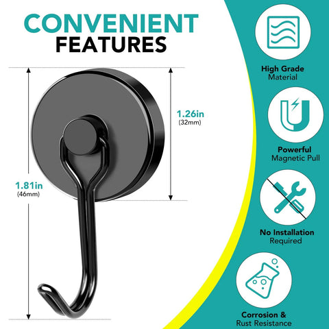 Eight Pack Swivel Magnetic Hooks Set, Heavy Duty 120LBS Capacity, 1.26 Inch Neodymium Magnetic Hooks, Strong Hangers, Feature Diagram