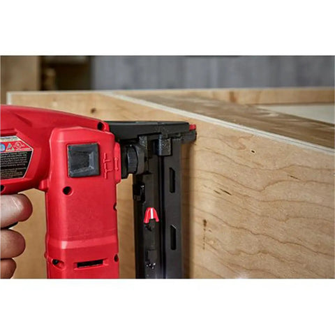 Close-up of M18 Fuel 18Ga One Quarter Narrow Crown Stapler for quick heavy duty fastening without a compressor on wood.
