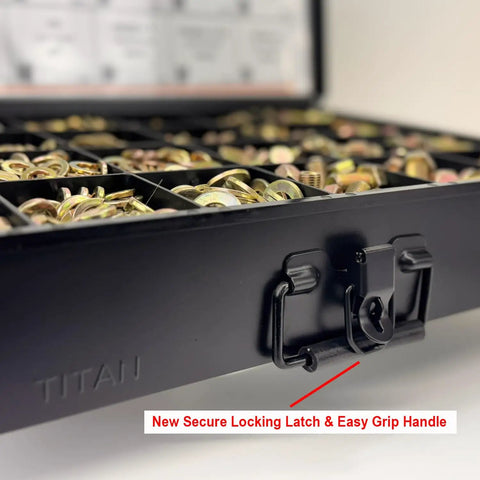 Beefy Grade 8 Coarse Thread Bolt And Nut Drawer Kit With 1275 Pieces In Yellow Zinc shown with black metal drawer and locking latch