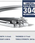 Close-up of 100 stainless steel cable ties, 11.8 inch length, details for One-Handed Stainless Zip Tie Gun Kit With 100 11.8 Inch Metal Cable Ties And Release Tool WCT-319 For Easy One-Hand Operation, Fast, Secure Bundling On 0.01-0.02 Inch Thick And 0.18-0.74 Inch Wide Ties