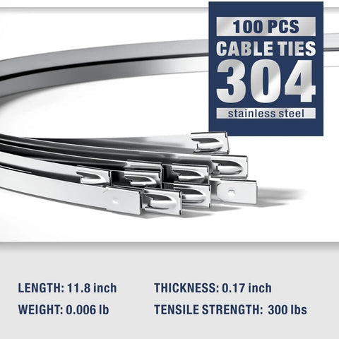 Close-up of 100 stainless steel cable ties, 11.8 inch length, details for One-Handed Stainless Zip Tie Gun Kit With 100 11.8 Inch Metal Cable Ties And Release Tool WCT-319 For Easy One-Hand Operation, Fast, Secure Bundling On 0.01-0.02 Inch Thick And 0.18-0.74 Inch Wide Ties