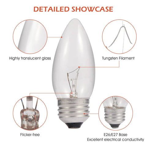 Detailed view of Frosted Torpedo Tip B11 Chandelier Bulbs, 40W Incandescent Equivalent, showing translucent glass and tungsten filament.