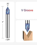 SpeTool TAC-coated V-Groove router bit, 60°, 4-flute, 1/4" shank carbide end mill for CNC carving (front view)