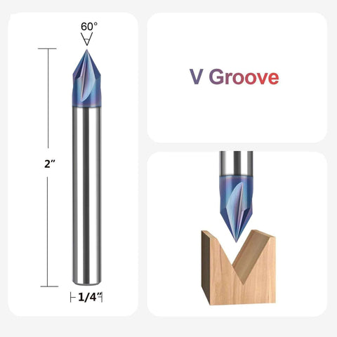 SpeTool TAC-coated V-Groove router bit, 60°, 4-flute, 1/4" shank carbide end mill for CNC carving (front view)