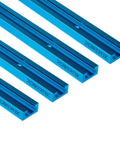 Four Pack 36 Inch Double Cut Universal T Track With Pre Drilled Mounting Holes for woodworking jigs and fixtures, blue color.
