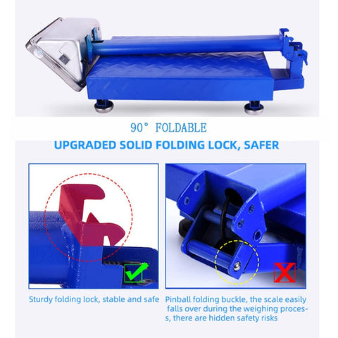 Heavy Duty Folding Floor Platform Scale Built Different To Handle Up To 660 Lbs, showing upgraded solid folding lock mechanism.