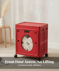 No Sweat Mobile Storage Bin With Flip Top Lid, Foldable Plastic Closet And Nursery Organizer Tote Riding Smooth On Heavy Duty Casters For Clothes Bedding And Gear, red with rolled towels inside.