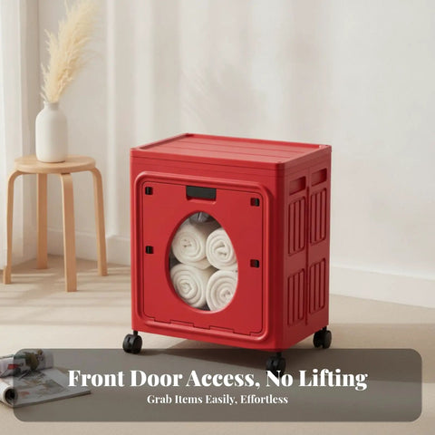 No Sweat Mobile Storage Bin With Flip Top Lid, Foldable Plastic Closet And Nursery Organizer Tote Riding Smooth On Heavy Duty Casters For Clothes Bedding And Gear, red with rolled towels inside.