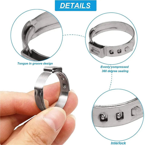 Close-up of 125 Pcs Single Ear Hose Clamps Kit 7 Sizes 7 To 21mm Crimp, showing details and interlock design.