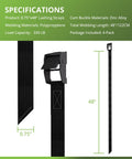 0.75 Inch By 48 Inch Lashing Straps With Cam Buckles, black, detailed view showing dimensions and cam buckle design