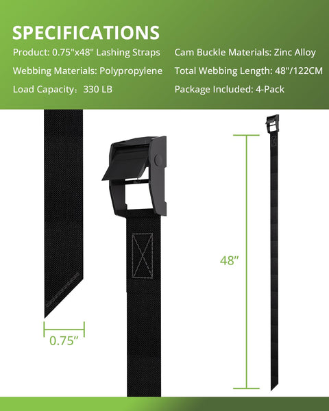 0.75 Inch By 48 Inch Lashing Straps With Cam Buckles, black, detailed view showing dimensions and cam buckle design