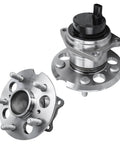 Rear Wheel Bearing Hubs Kit For 1996 Through 2005 Toyota RAV4 2WD ABS 5 Bolt 4 Bolt Square Flange Left And Right Replacement Hub Assembly 2 Piece Set Includes Easy Install No Fuss, showing front and side view of hubs with sensor cap.