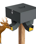 Hella Durable Metal Gravity Deer Feeder With Eighty Pound Capacity And Four Wide Feeding Ports, deer feeding from box.