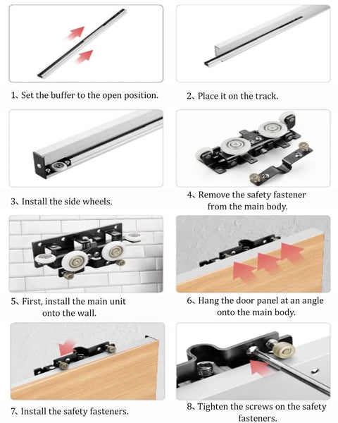Installation steps for Invisible Sliding Door Hardware Track System Kit for Bedroom Doors, with components and tools shown.