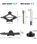 Diagram of Tesla 2.5 Ton Scissor Jack Kit for Model Y Model 3 S X with dimensions and tools, 4.3 to 15.3 inch lift range