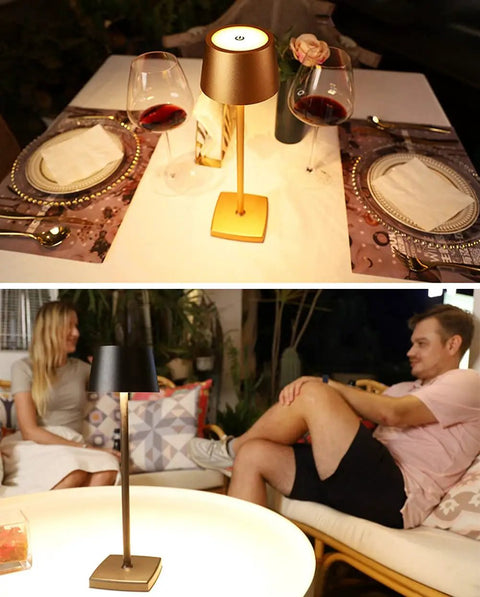 Cordless Table Lamps With 5200mAh Battery IP54 Waterproof Aluminum Alloy Touch Dimming Indoor Outdoor Use For Restaurants Buffets Bars Cafes Gold Long Lasting Battery Life For All Day Use Patio Ready shown on dining and lounge areas.