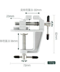 Heavy Duty Aluminum Bench Vise With Mini Clamp for DIY jewelry making and electronics repair, dimensions labeled