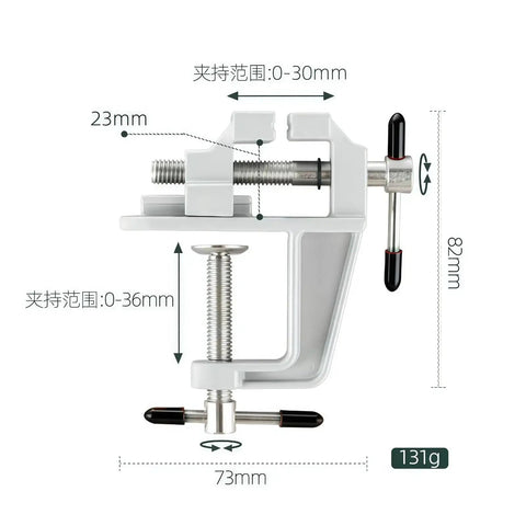 Heavy Duty Aluminum Bench Vise With Mini Clamp for DIY jewelry making and electronics repair, dimensions labeled