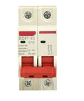 Top Notch Rock Solid Heavy Duty Two Pole Double MCB Circuit Breaker Rated Up To Sixty Three Amps At Five Hundred Volts For Solar PV Installations And Terminal Power Distribution Setups Ready To Roll, featuring two switches and a clear design.