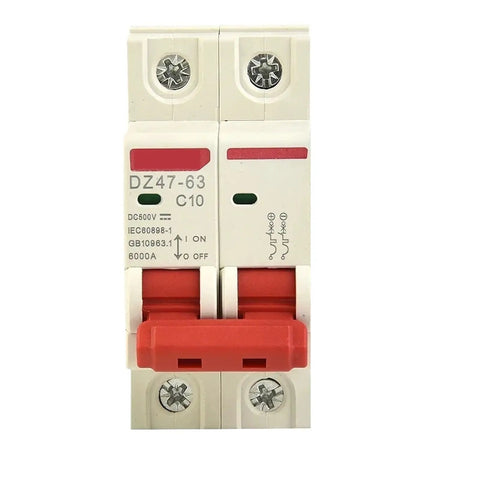 Top Notch Rock Solid Heavy Duty Two Pole Double MCB Circuit Breaker Rated Up To Sixty Three Amps At Five Hundred Volts For Solar PV Installations And Terminal Power Distribution Setups Ready To Roll, featuring two switches and a clear design.