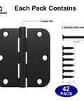 Matte Black 3 1/2 Inch Interior Door Hinges 42 Pack With 294 Screws 5/8 Radius Corners Flat Iron Residential Hardware