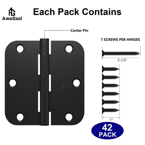 Matte Black 3 1/2 Inch Interior Door Hinges 42 Pack With 294 Screws 5/8 Radius Corners Flat Iron Residential Hardware