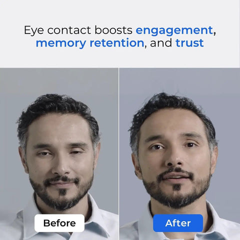 Total Game Changer 4K Eye Contact Webcam Featuring Retractable Arm And Integrated Glow Panel Flips Up Clean Out Of Sight For Seamless Video Calls And Stress Free Streaming before and after images showing eye contact impact.