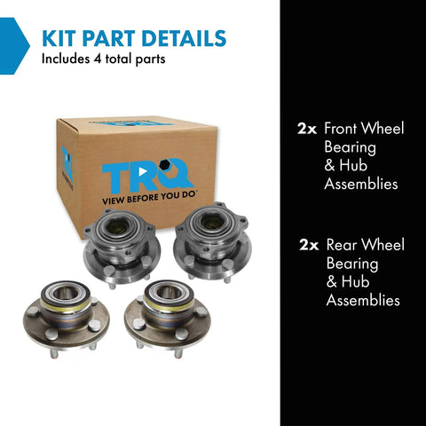 Two Piece Front And Rear Wheel Bearing And Hub Assembly Set For 2005 2009 Chrysler 300 2006 2009 Dodge Charger And 2005 2008 Magnum Premium OEM Grade Hub Bearings With Easy Install image showing full set of bearings and box