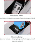 Close-up of blades and clamping design on Heavy Duty Stainless Steel Desktop Carton Sealer With Smooth Adhesion Wheels No Power Needed Manual Tape Cutter For 2.5cm Wide Packing Straps And Quick Sealing Jobs On The Go.