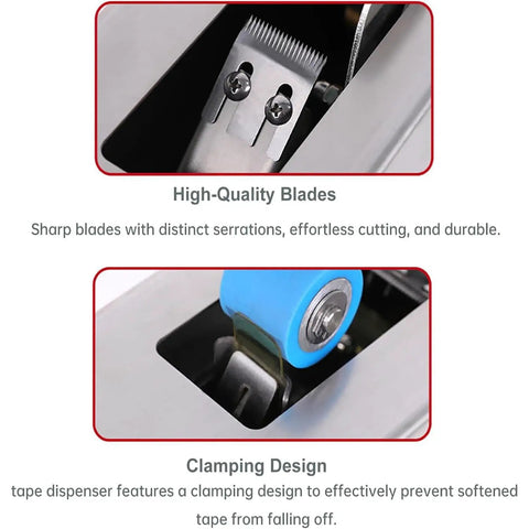 Close-up of blades and clamping design on Heavy Duty Stainless Steel Desktop Carton Sealer With Smooth Adhesion Wheels No Power Needed Manual Tape Cutter For 2.5cm Wide Packing Straps And Quick Sealing Jobs On The Go.
