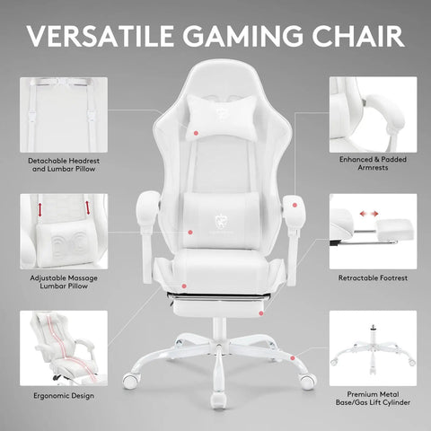 White Gaming Chair With Footrest And Massage Lumbar Support Gel Pad Ergonomic Reclining PU Leather Gamer Chair With Headrest