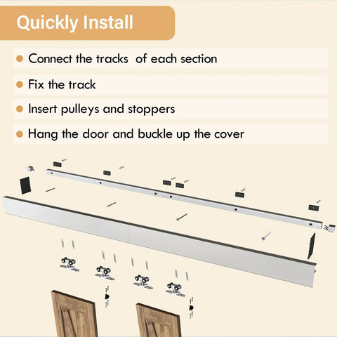 Installation steps for 6Ft Double Sliding Barn Door Hardware With Heavy Duty Aluminum Track And Rustproof Silver Finish.
