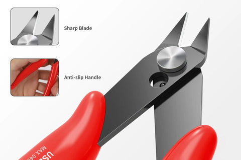 Close-up of Five Piece Micro Flush Cutters Set For Electronics Projects And Jewelry Making, 5 Inch Diagonal Wire Cutters with red handles.