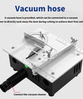 Solid Little Workhorse Compact Mini Table Saw With Variable Speed Trigger showing vacuum hose connection for dust-free cutting.